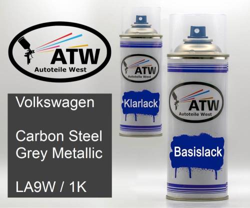 Volkswagen, Carbon Steel Grey Metallic, LA9W / 1K: 400ml Sprühdose + 400ml Klarlack - Set, von ATW Autoteile West.